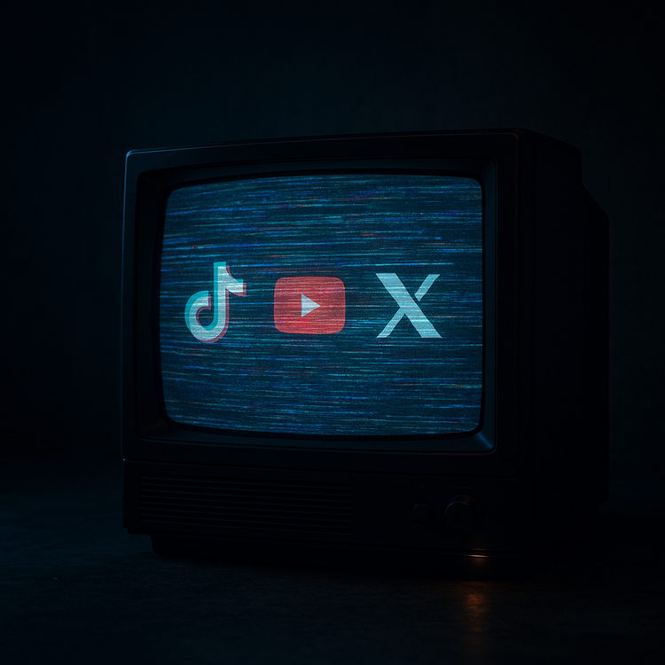 Image depicting TikTok, Youtube and X on a distorted old TV screen.